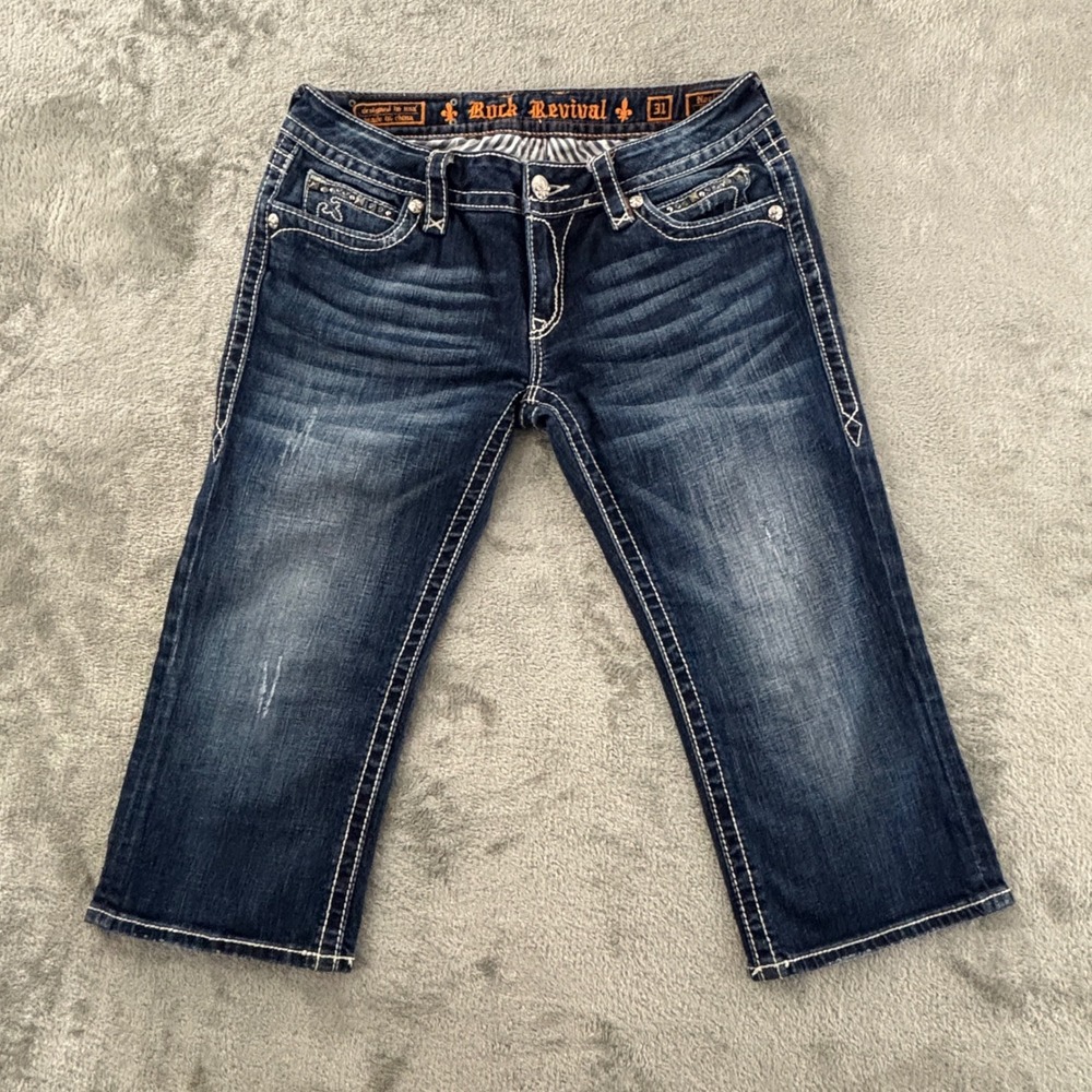 Rock Revival‎ Noelle Capri Jeans Womens 31 Blue Denim Flap Pocket 20" Inseam